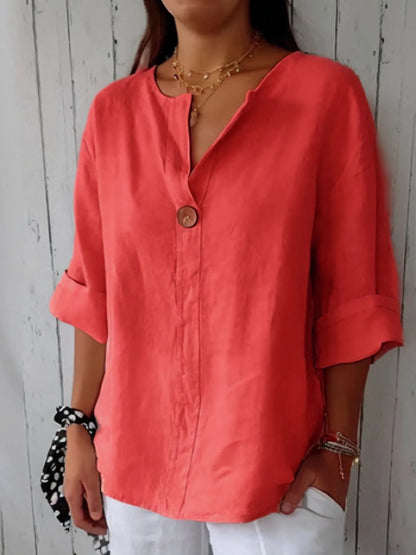 Full Size Linen Blend Notched Blouse Plus Size - Bayou Curves