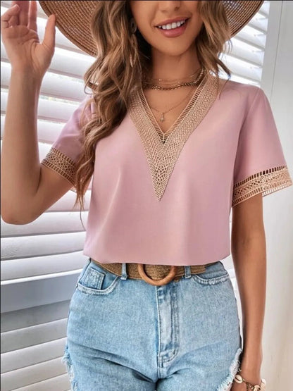 Full Size Contrast V-Neck Short Sleeve Blouse Plus Size - Bayou Curves