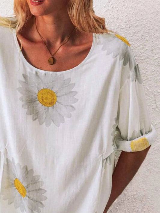 Full Size Flower Round Neck Half Sleeve T-Shirt Plus Size - Bayou Curves