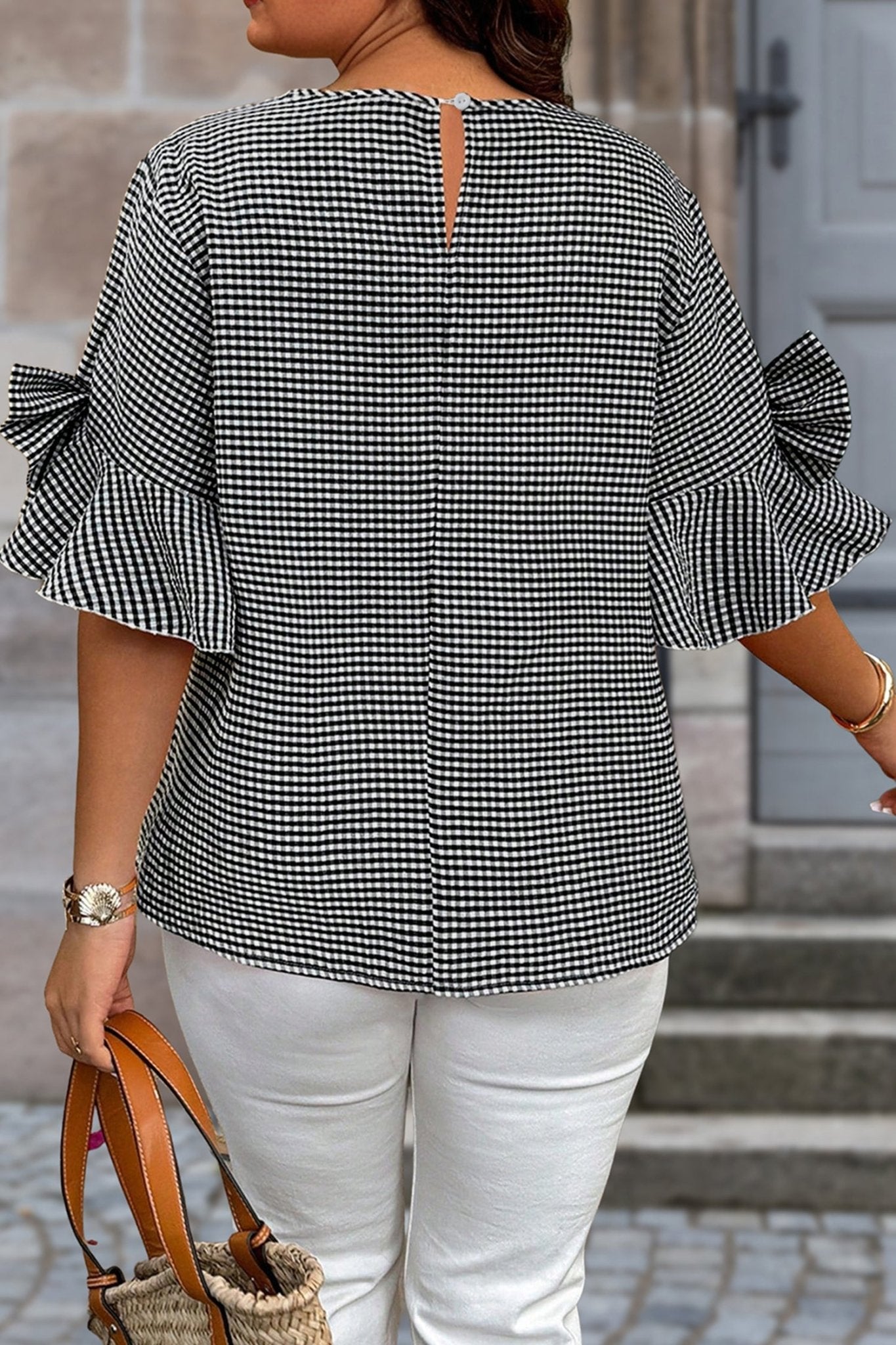 Plus Size Black Plaid Bow Decor Bell Sleeve Round Neck - Bayou Curves