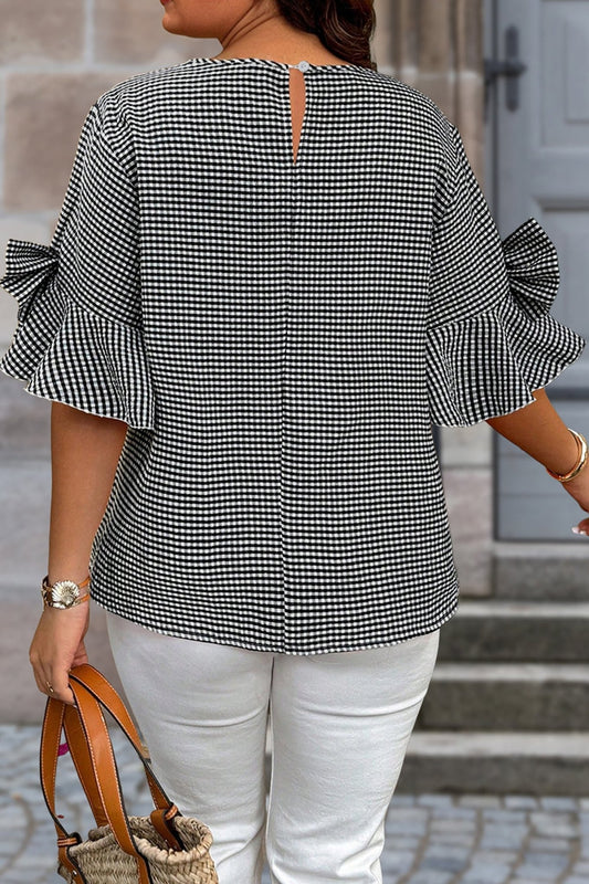 Plus Size Black Plaid Bow Decor Bell Sleeve Round Neck - Bayou Curves