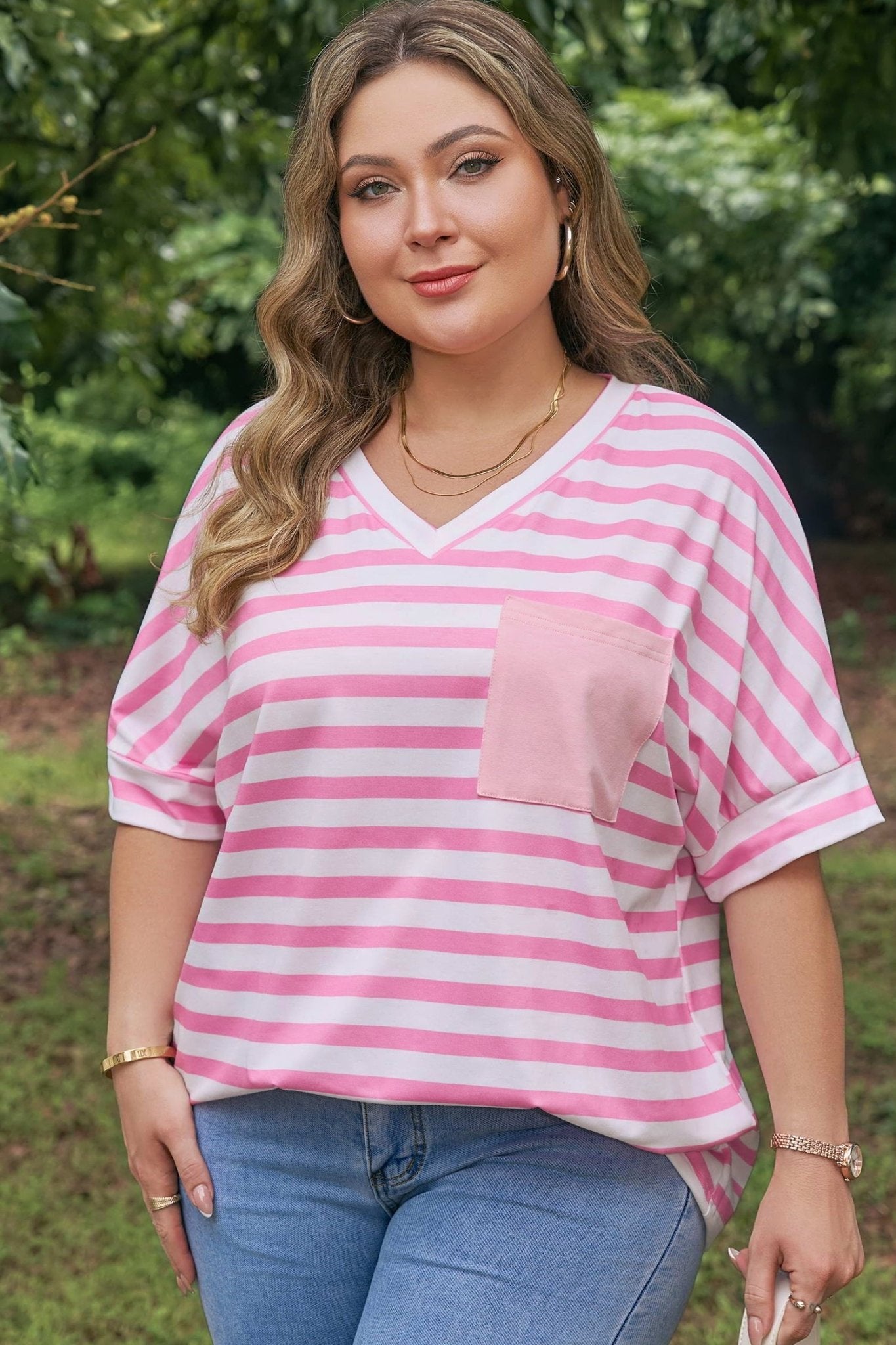 Plus Size Pink Stripe Colorblock Patched Pocket V Neck Tee - Bayou Curves