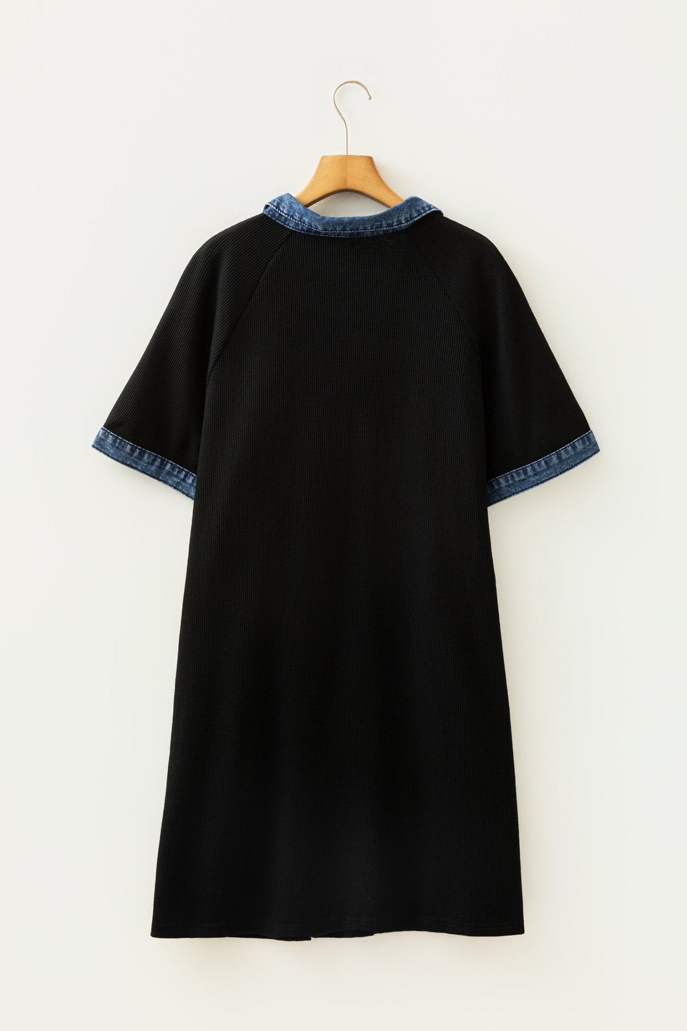 Plus Size Black Colorblock Denim Collar Short Sleeve Shift Dress - Bayou Curves