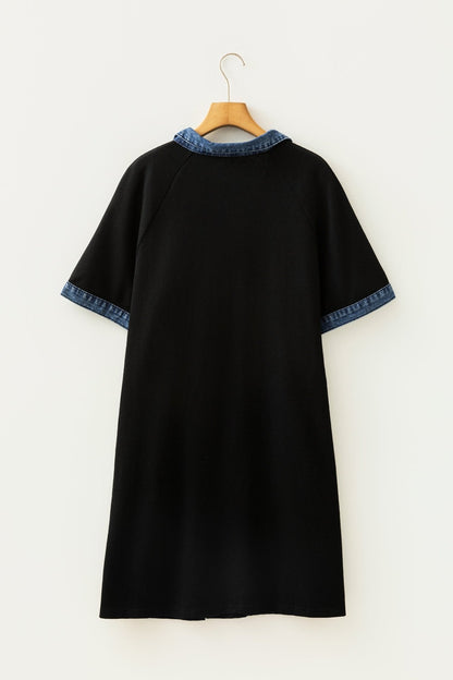 Plus Size Black Colorblock Denim Collar Short Sleeve Shift Dress - Bayou Curves