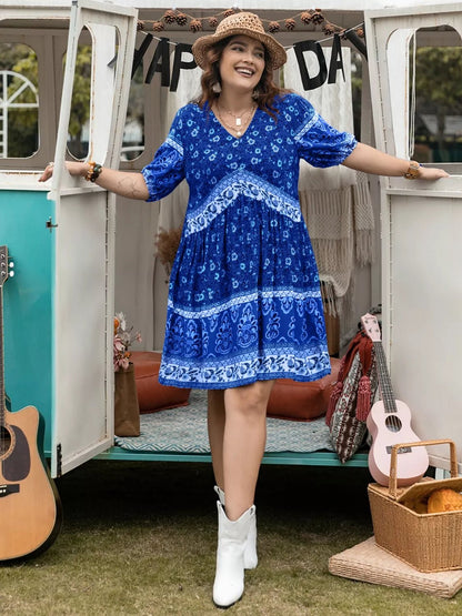Plus Size Floral V-Neck Mini Dress - Bayou Curves