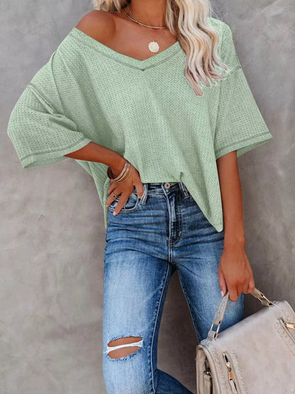 Waffle Knit V-Neck Short Sleeve T-Shirt - Bayou Curves