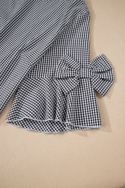 Plus Size Black Plaid Bow Decor Bell Sleeve Round Neck - Bayou Curves
