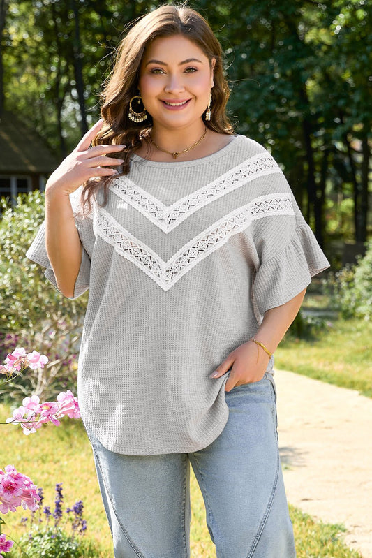 Plus Size Light Grey Lace Insert Waffle Ruffle Short Sleeve Top - Bayou Curves