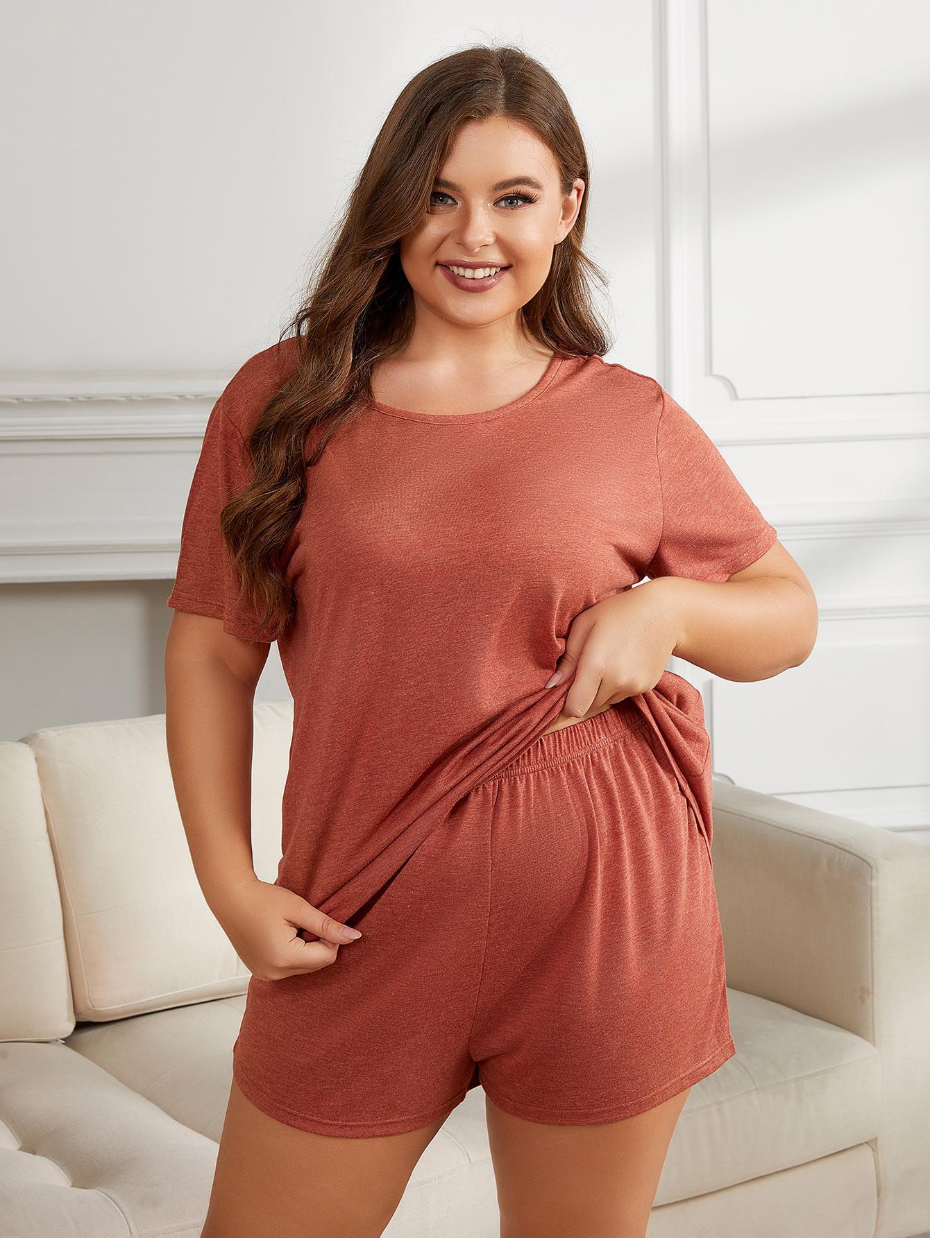 Plus Size Round Neck Short Sleeve Two-Piece Loungewear Set - Bayou Curves