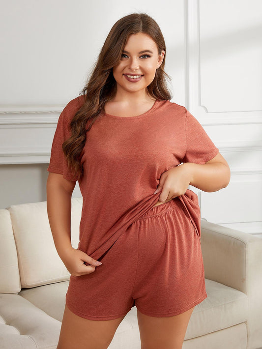 Plus Size Round Neck Short Sleeve Two-Piece Loungewear Set - Bayou Curves