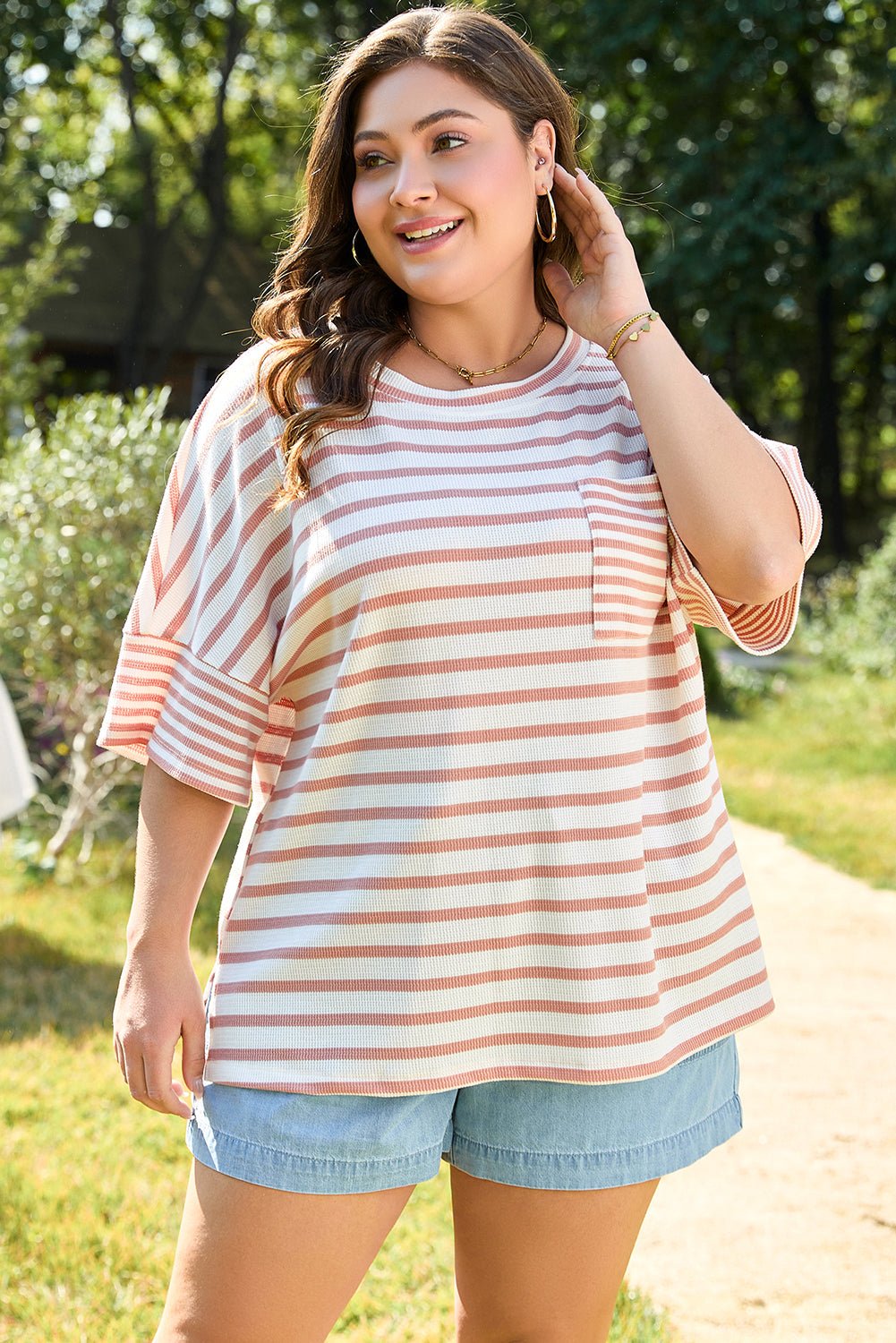 Plus Size Pink Stripe Waffle Knit Pocketed Half Sleeve T Shirt - Bayou Curves