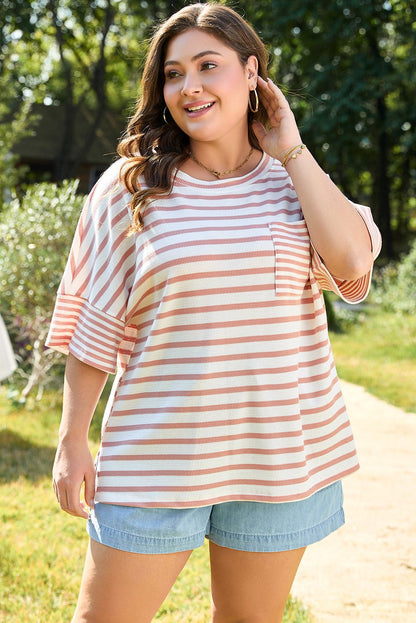 Plus Size Pink Stripe Waffle Knit Pocketed Half Sleeve T Shirt - Bayou Curves