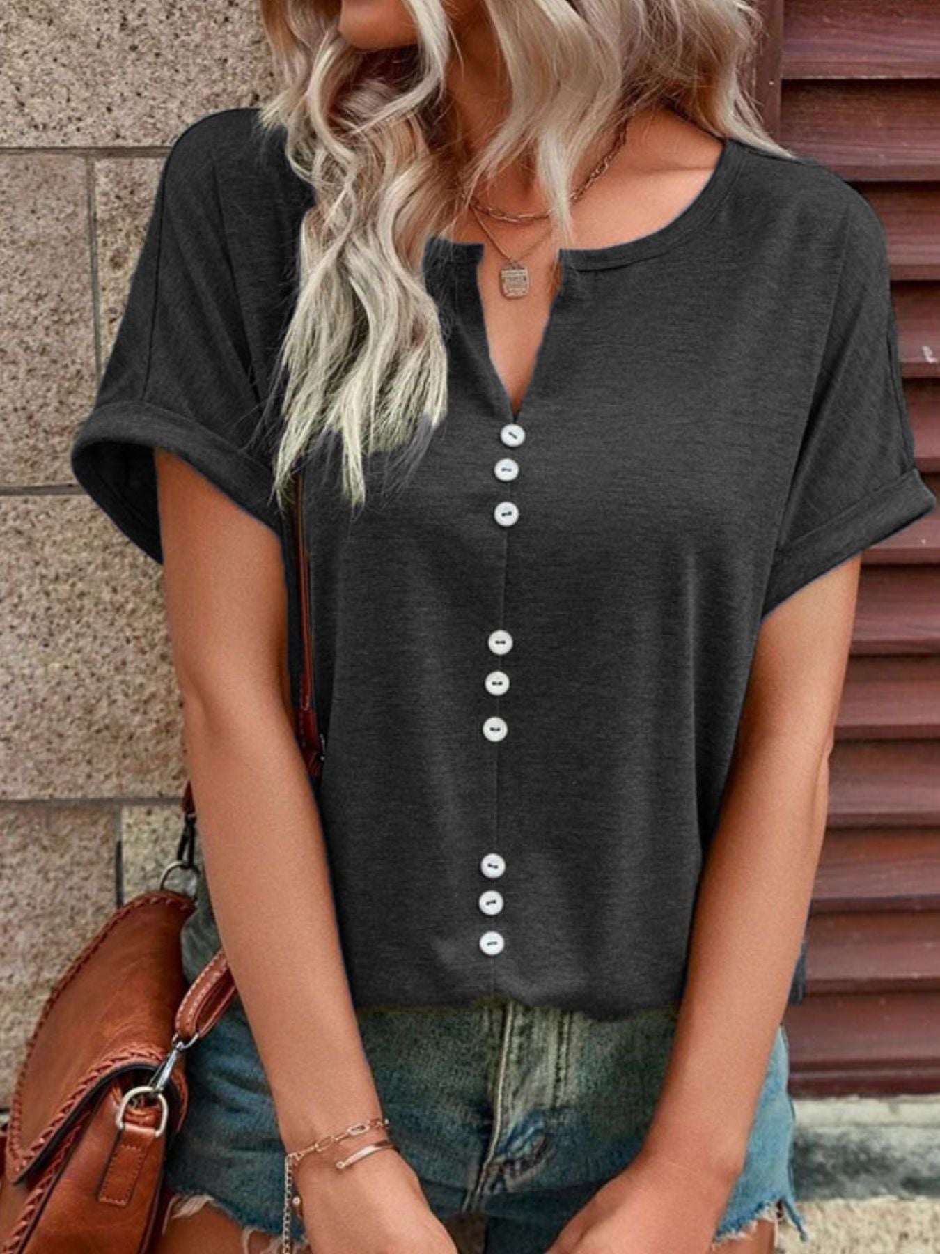 Full Size Decor Button Short Sleeve T-Shirt Plus Size - Bayou Curves