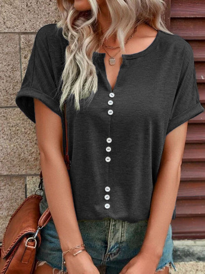 Full Size Decor Button Short Sleeve T-Shirt Plus Size - Bayou Curves