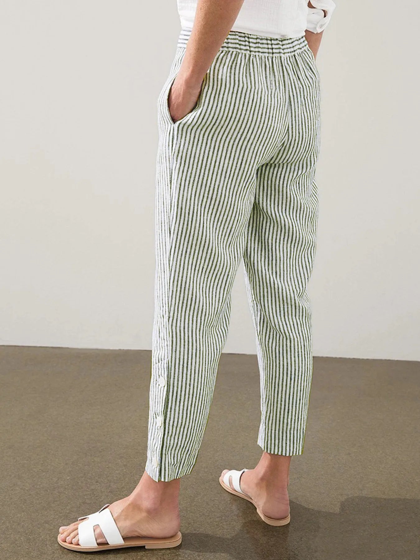 Full Size Striped Side Button Detail Pants Plus Size - Bayou Curves
