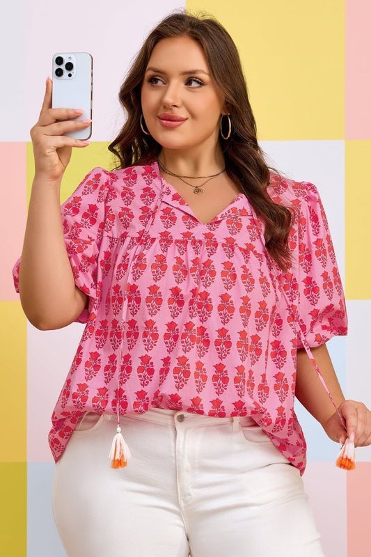 Plus Size Pink Floral Print Tassel Tie Puff Sleeve Cotton Blouse - Bayou Curves
