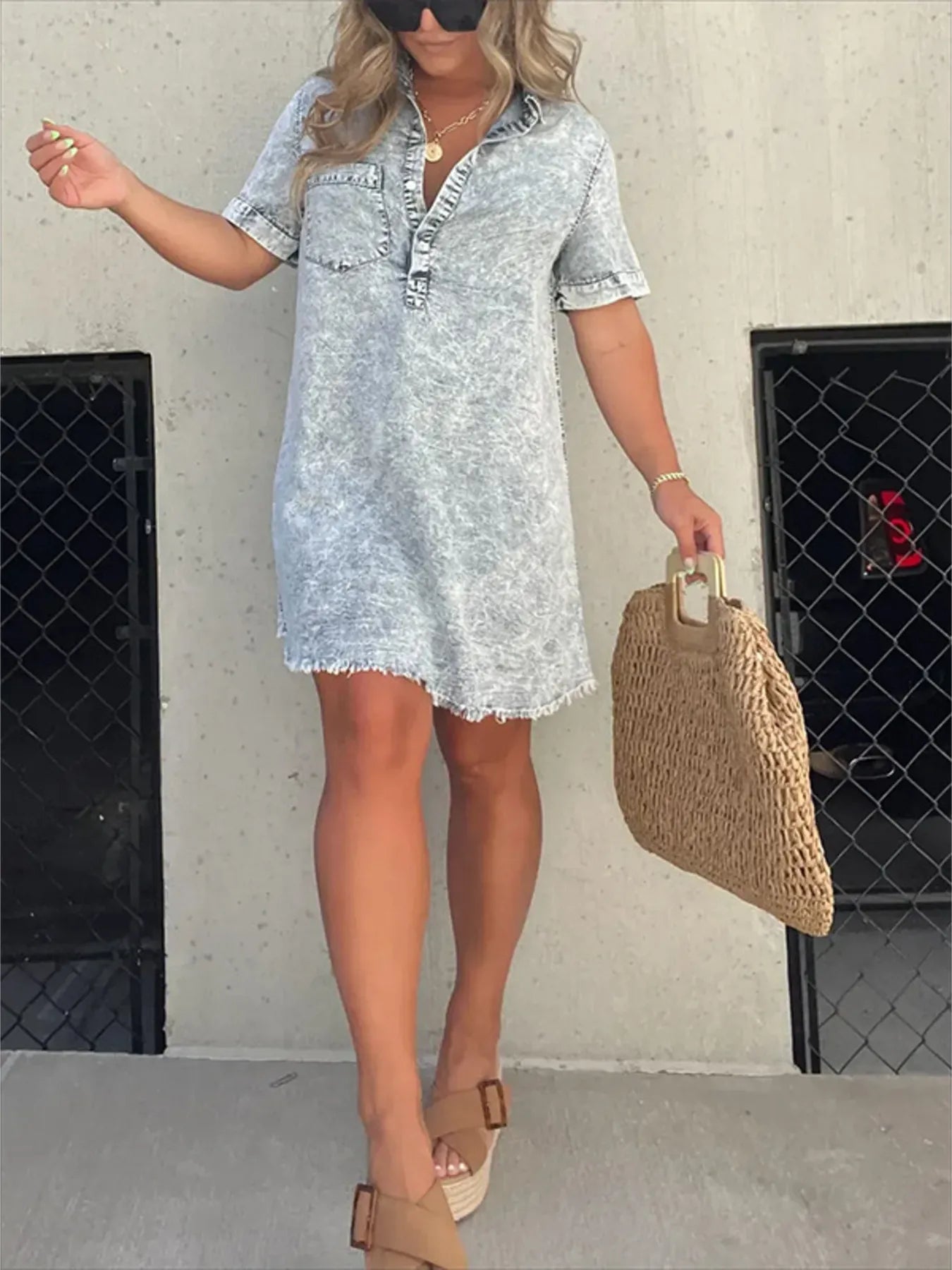 Full Size Raw Hem Short Sleeve Denim Dress Plus Size - Bayou Curves