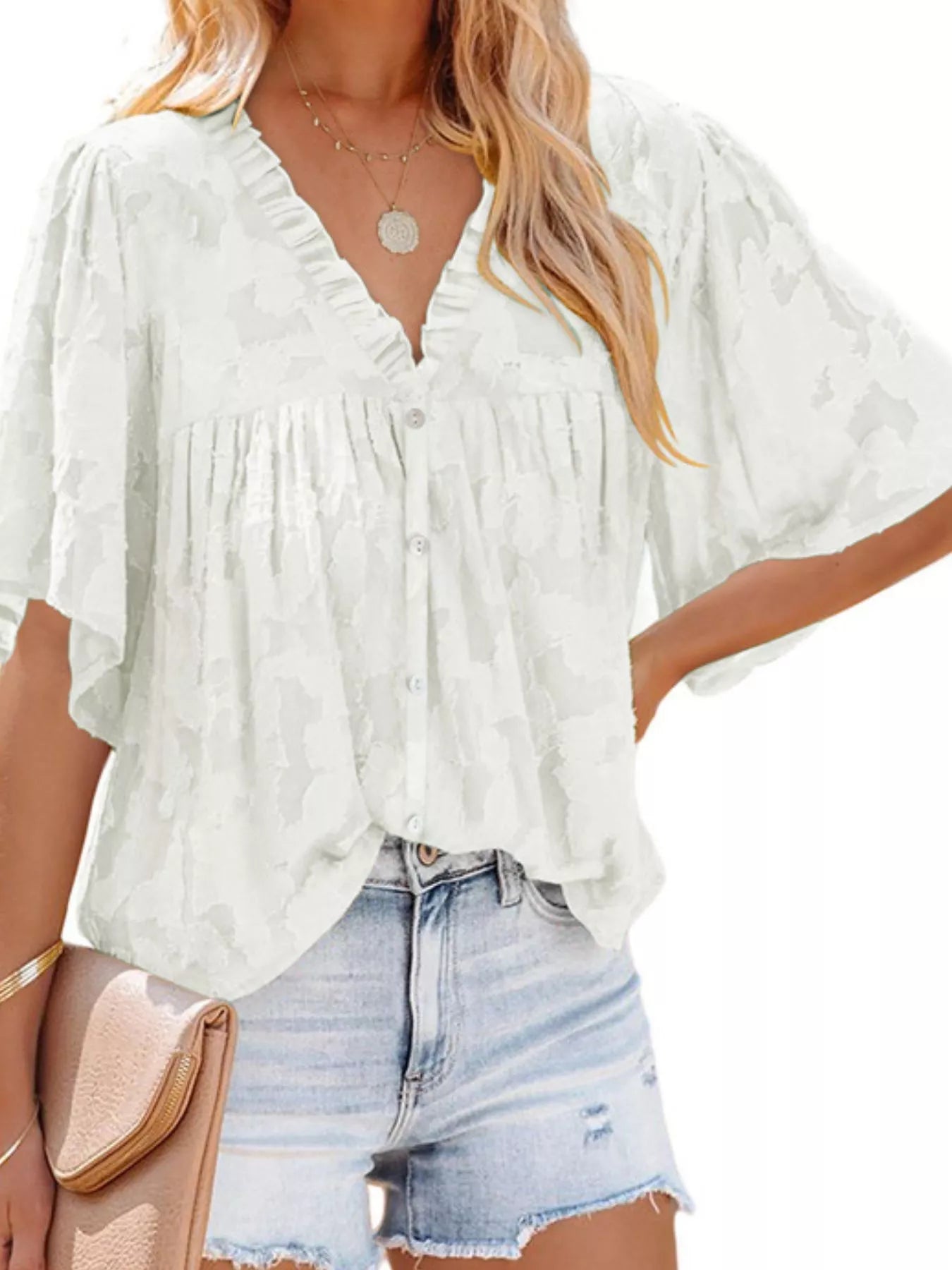 Full Size Textured V-Neck Button-Down Shirt Plus Size - Bayou Curves