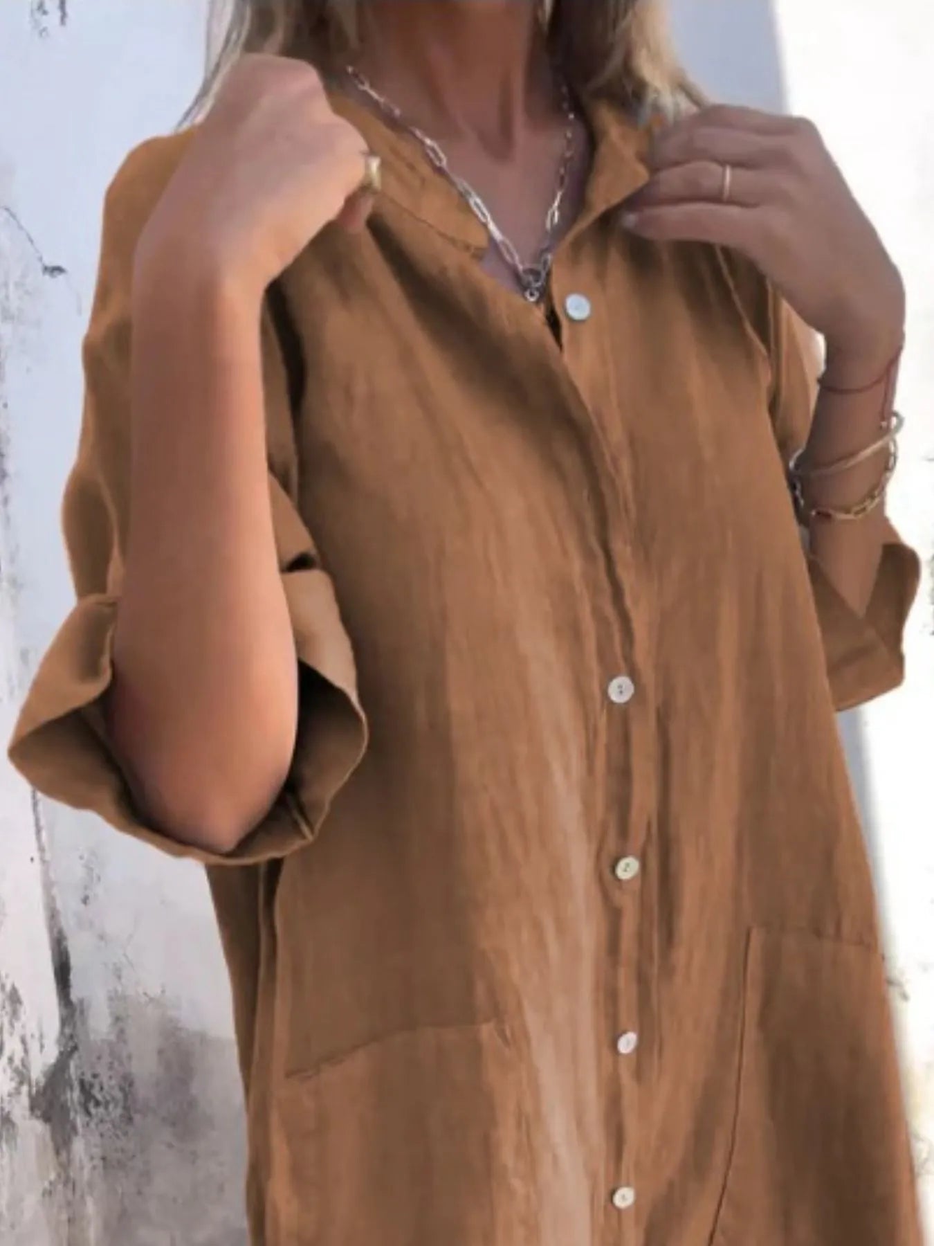 Full Size Casual Linen Button-Down Shirt Dress Plus Size - Bayou Curves