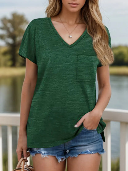 Pocketed Heathered V-Neck Short Sleeve T-Shirt - Bayou Curves