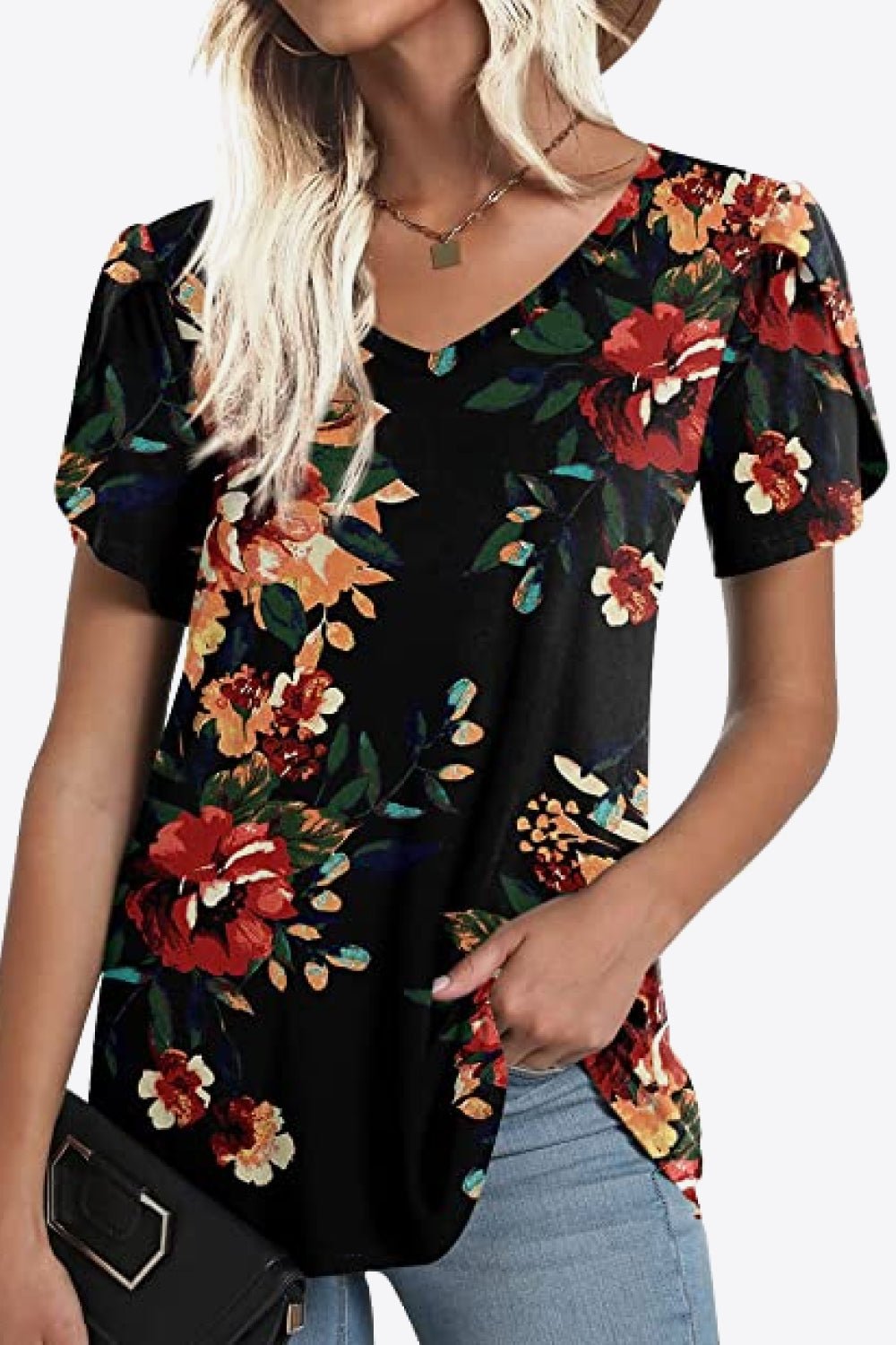 Printed Petal Sleeve V-Neck Blouse - Bayou Curves