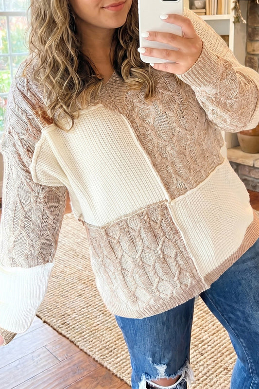 Cozy in Cream Color Block Sweater - Bayou Curves