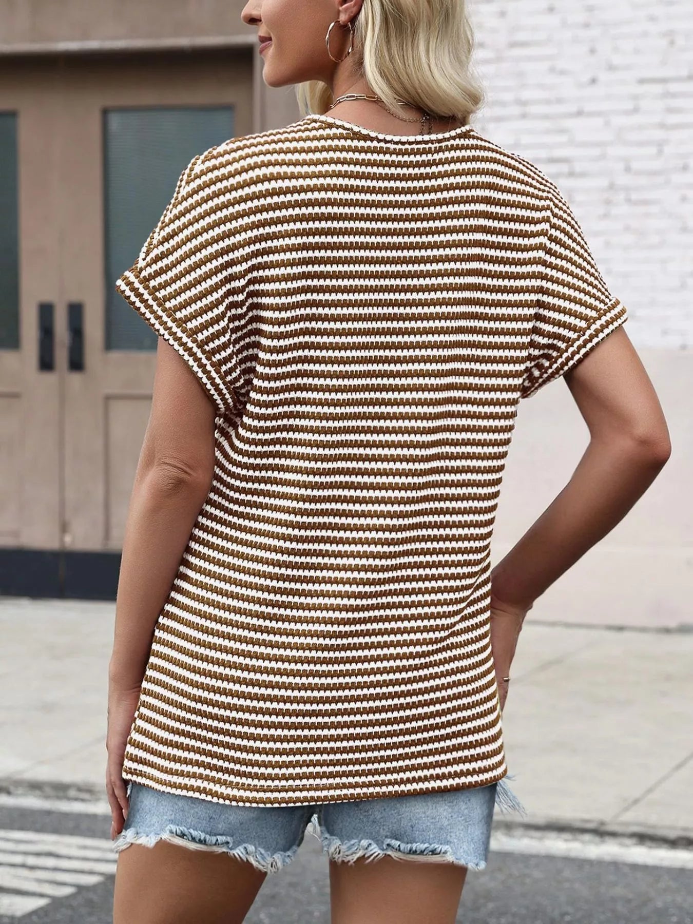 Striped V-Neck Relaxed Fit T-Shirt - Bayou Curves