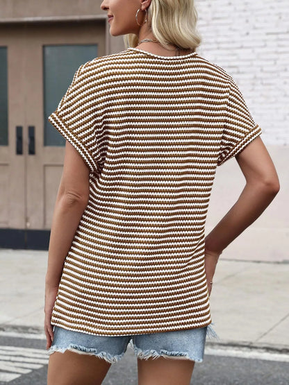 Striped V-Neck Relaxed Fit T-Shirt - Bayou Curves
