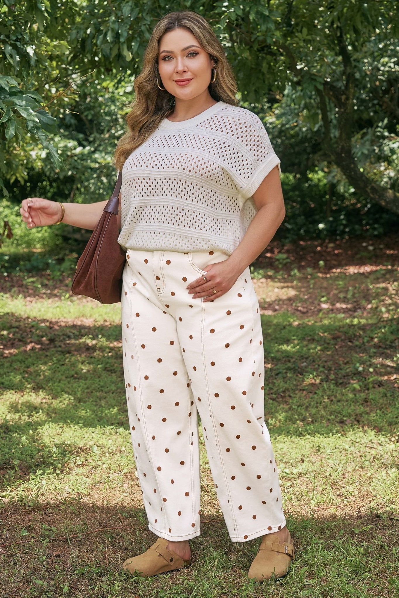 Plus Size Beige Polka Dot Print Barrel Jeans - Bayou Curves