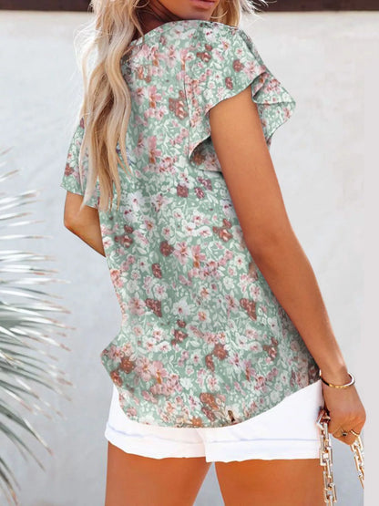 Full Size Floral Print Flutter Sleeve V-Neck Blouse Plus Size - Bayou Curves