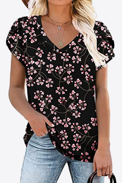 Printed Petal Sleeve V-Neck Blouse - Bayou Curves