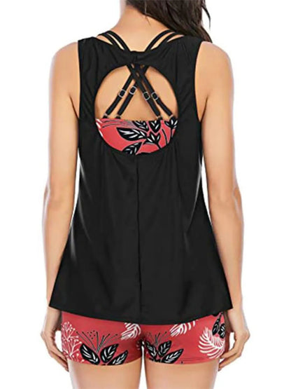 Cutout Printed Round Neck Three-Piece Swim Set - Bayou Curves