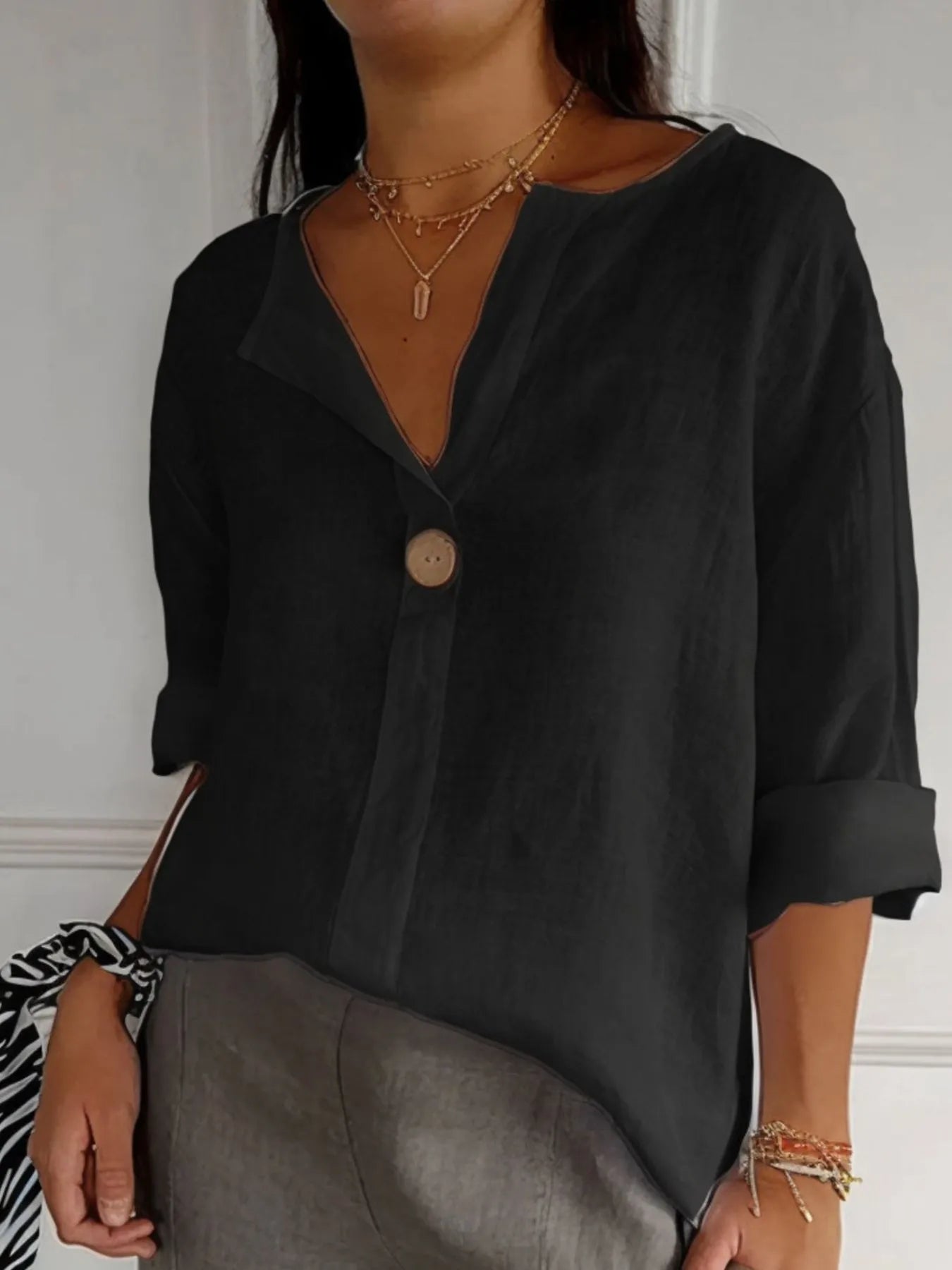 Full Size Linen Blend Notched Blouse Plus Size - Bayou Curves