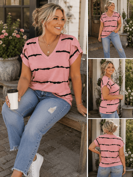 Printed Petal Sleeve V-Neck Blouse - Bayou Curves