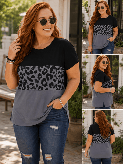 Leopard Print Color Block Short Sleeve T-Shirt - Bayou Curves