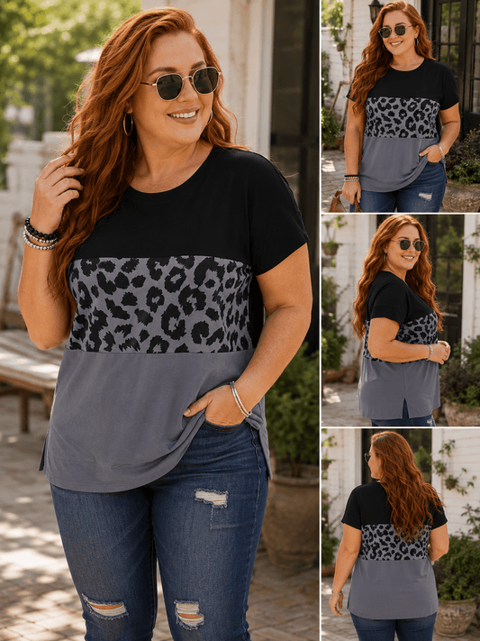 Leopard Print Color Block Short Sleeve T-Shirt - Bayou Curves