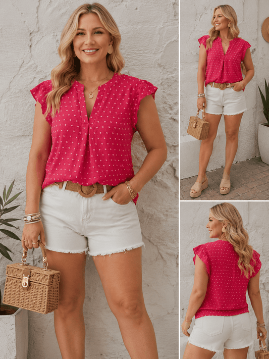 Swiss Dot Ruffled Cap Sleeve T-Shirt - Bayou Curves