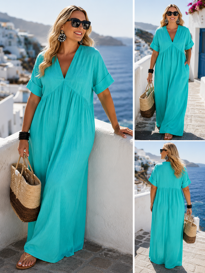 Casual Resort-Style V-Neck Short-Sleeve Dress