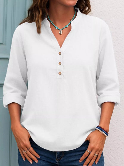 Full Size Button Detail Notched Long Sleeve Blouse Plus Size - Bayou Curves