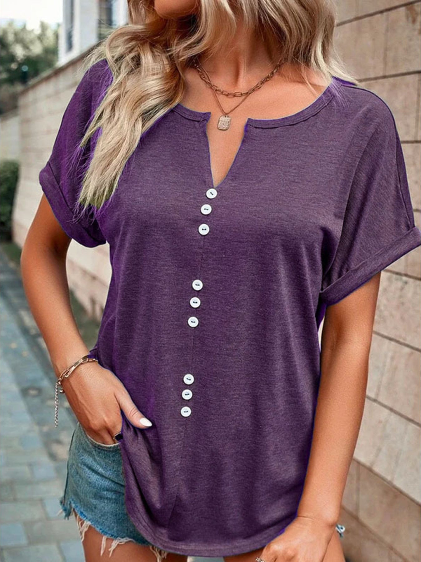 Full Size Decor Button Short Sleeve T-Shirt Plus Size - Bayou Curves