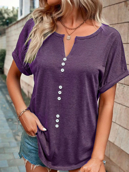 Full Size Decor Button Short Sleeve T-Shirt Plus Size - Bayou Curves