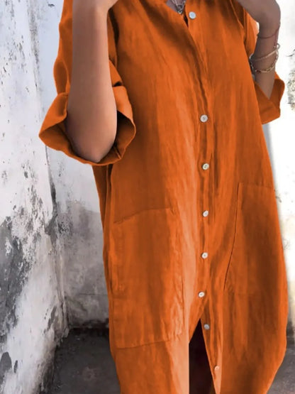 Full Size Casual Linen Button-Down Shirt Dress Plus Size - Bayou Curves