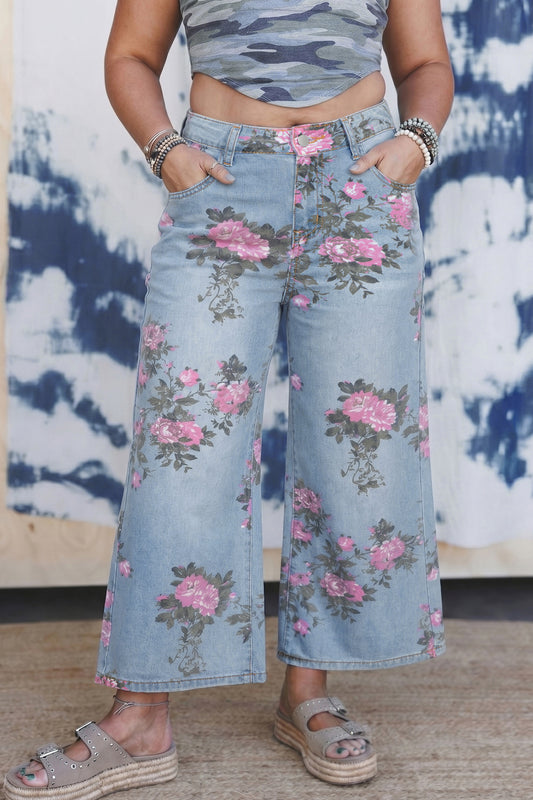 Plus Size Sky Blue Floral Print Ankle Length Loose Jeans