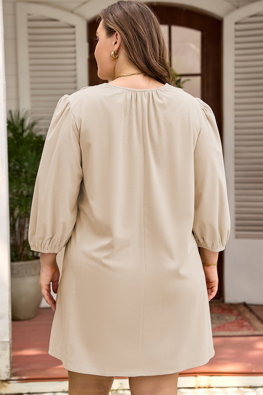 Plus Size Parchment Notched Neck Scallop Detail Mini Dress - Bayou Curves