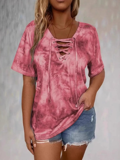 Tie Dye Lace-Up V-Neck Casual T-Shirt - Bayou Curves