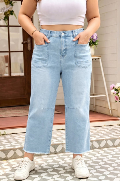 Plus Size Beau Blue Seam Detail Patch Pocket Raw Cut Shift Jeans - Bayou Curves
