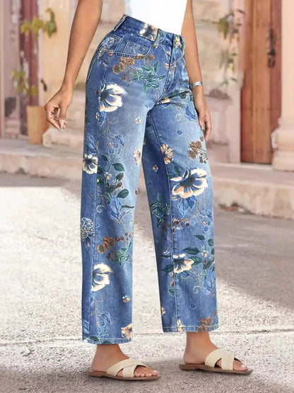 Floral Print Wide Leg Jeans - Bayou Curves