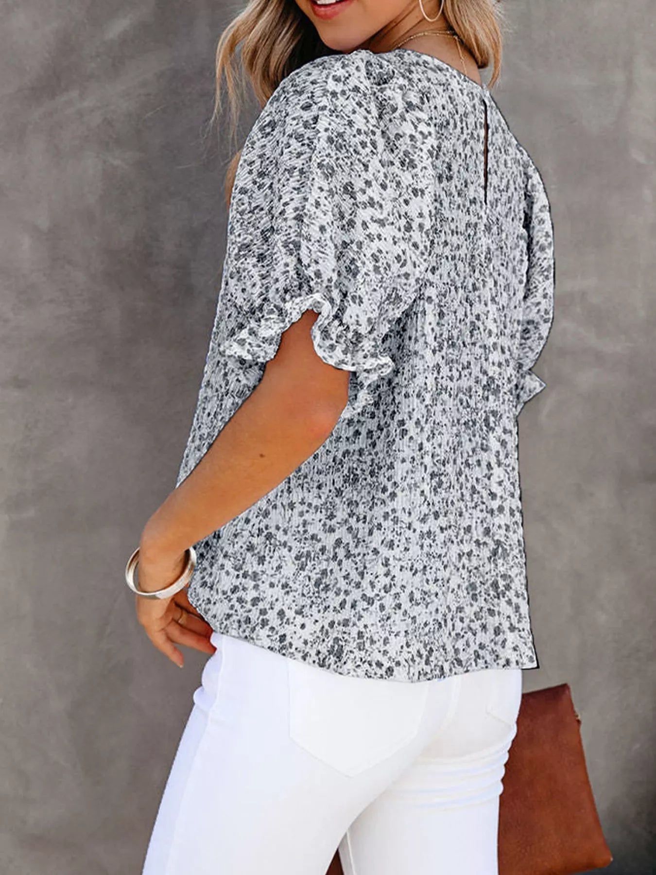 Full Size Floral Print Ruffle Sleeve Blouse Plus Size - Bayou Curves
