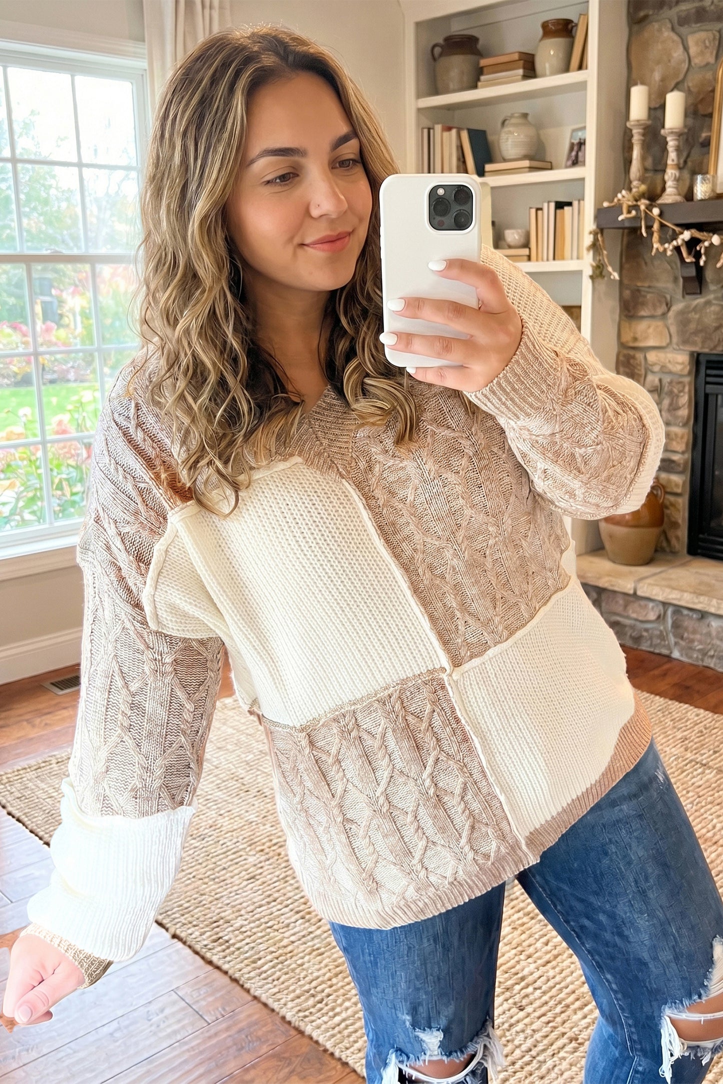 Cozy in Cream Color Block Sweater