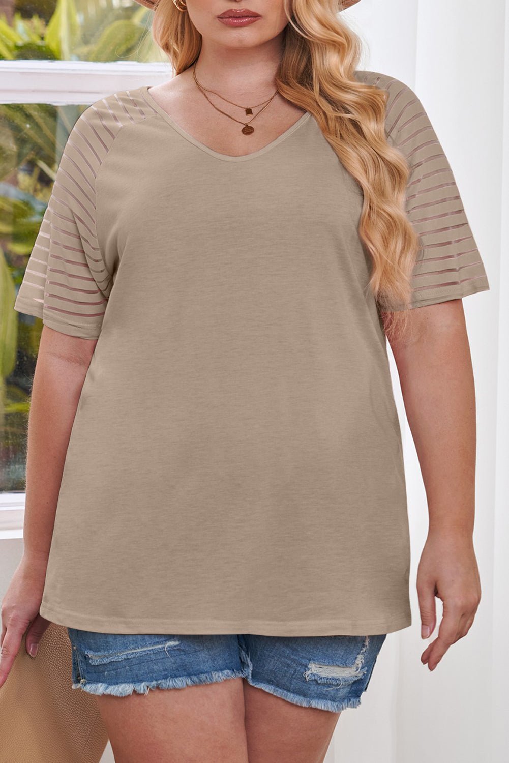 Plus Size Khaki Striped Raglan Sleeve Tee - Bayou Curves